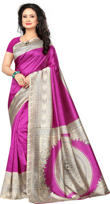 Swaron Printed, Paisley, Solid Kalamkari Poly Silk Saree(Blue, Beige)