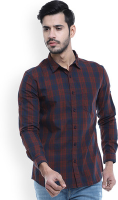 HIGHLANDER Men Checkered Casual Dark Blue, Brown Shirt