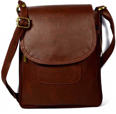

MK PURSE Girls Casual Brown Leatherette Sling Bag