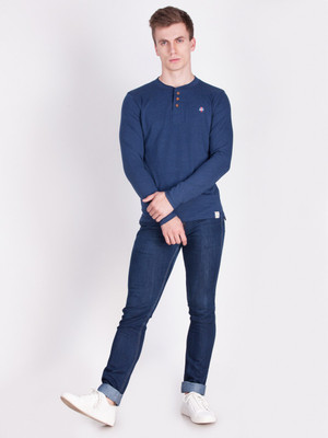 FORCE NXT Self Design Men Henley Dark Blue T-Shirt