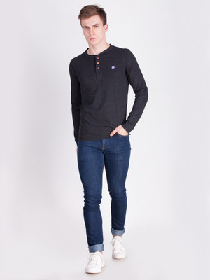 FORCE NXT Self Design Men Henley Black T-Shirt