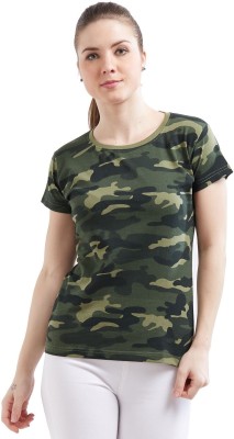 WEAR YOUR OPINION Military Camouflage Women Round Neck Green T-Shirt