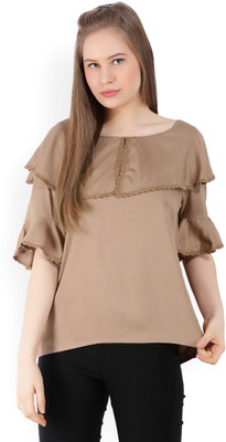 Tokyo Talkies Casual Bell Sleeve Solid Women Brown Top