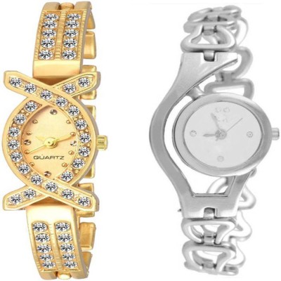 Gopal Retail Golden Studed Diamond X watch With Silver Glory Chain Women Watch Watch  - For Girls   Watches  (Gopal Retail)