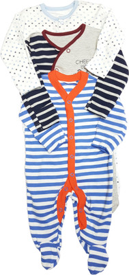 

GoodStart 100% Cotton Long Sleeves Baby Rompers - Set of 3(Blue, Black, White)