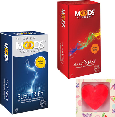 Moods Aabsolute Xtasy & Electrify Condoms With Premium Heart Shape Soap Condom(Set of 2, 24S)