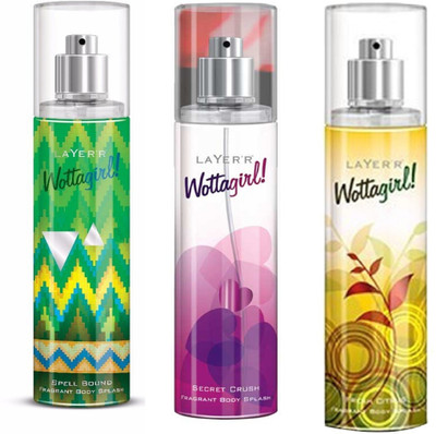 

Layerr Wottagirl Spell Bound, Secret Crush and Fresh Citrus Perfume Body Spray Pack of 3 Combo (135ML each) Perfume Body Spray - For Women(405 ml, Pack of 3)