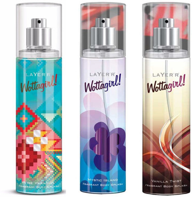 

Layerr Wottagirl Pure Paradise, Mystic Island and Vanilla Twist Perfume Body Spray Pack of 3 Combo (135ML each) Perfume Body Spray - For Women(405 ml, Pack of 3)