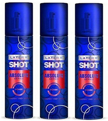 

Layerr Shot Absolute Series Power Perfume Body Spray Pack of 3 Combo (135ML each) Perfume Body Spray - For Men(405 ml, Pack of 3)