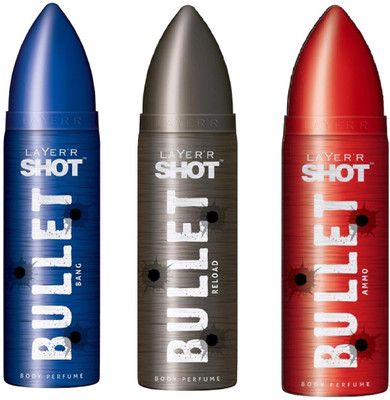 

Layerr Shot Bullet Bang, Reload and Ammo Perfume Body Spray Pack of 3 Combo (120ML each) Perfume Body Spray - For Men(360 ml, Pack of 3)