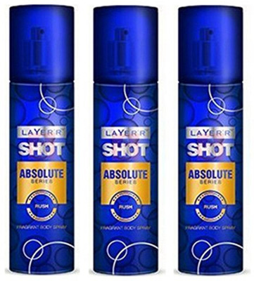 

Layerr Shot Absolute Series Rush Perfume Body Spray Pack of 3 Combo (135ML each) Perfume Body Spray - For Men(405 ml, Pack of 3)