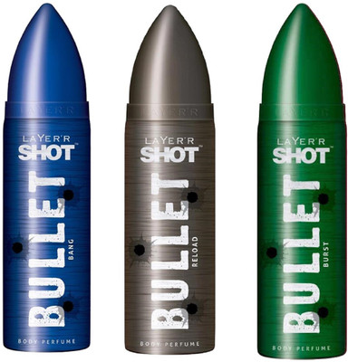 

Layerr Shot Bullet Bang, Reload and Burst Perfume Body Spray Pack of 3 Combo (120ML each) Perfume Body Spray - For Men(360 ml, Pack of 3)