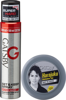 

Gatsby Set & Keep Hair Spray Super Hard 250 ml with Hair Styling Wax Mat & Hard 75 g Spray(325 g)