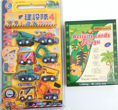 

Aparnas teach your child your mother tongue telugu in an intresting waywith telugu activity cardscombo with cute little toy truks(Multicolor)