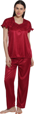 

eSOUL Women Solid Maroon Top & Pyjama Set