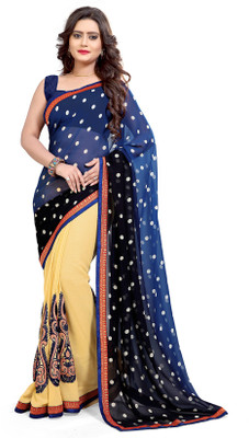 

Sourbh Sarees Embroidered, Polka Print Bollywood Georgette, Chiffon Saree(Dark Blue, Beige;navy blue