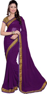 

Sourbh Sarees Plain Bollywood Synthetic Georgette Saree(Purple), Wine 1