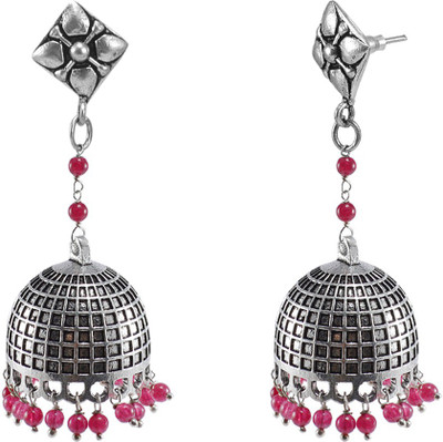 Silvesto India Ethnic Oxidized Jewellery-Danglers With Studs And Pink Beads Large Jhumkas Earrings Crystal Alloy Jhumki Earring available at flipkart for Rs.492