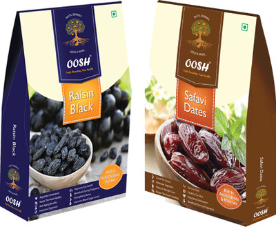 

Oosh Seedless Black Raisin 250g & Safavi Dates 200g ( Total 450g) | Premium Dry Fruits | Gifting Ideas Raisins, Dates(450 g, Box)