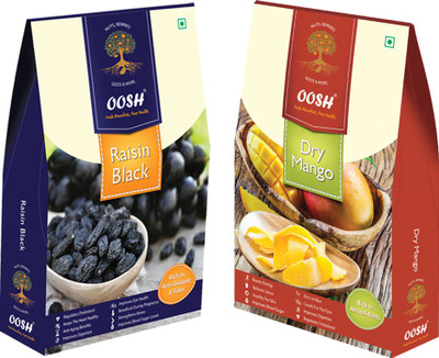 

Oosh Seedless Black Raisin 250g & Dried Sliced Mango 200g ( Total 450g) | Premium Dry Fruits | Gifting Ideas Raisins, Mango(450 g, Box)