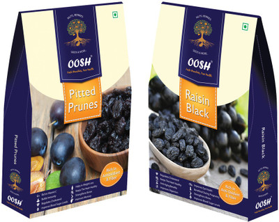 

Oosh Seedless Black Raisin 250g & Pitted California Prunes 250g ( Total 500g) | Premium Dry Fruits | Gifting Ideas Raisins, Prunes(500 g, Box)