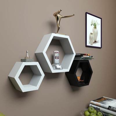 DriftingWood Hexagon Shape Mounted Set Of 3 Rack Shelves/Shelf High Quality Wooden Home Decor Wall Shelf Wooden Wall Shelf(Number of Shelves - 3, Multicolor, Grey)