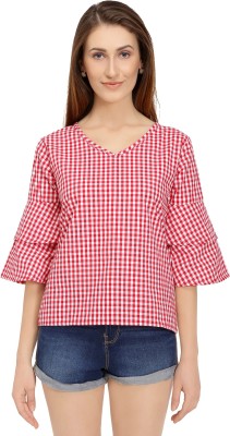 Chimpaaanzee Casual Layered Sleeve Checkered Women Red, White Top