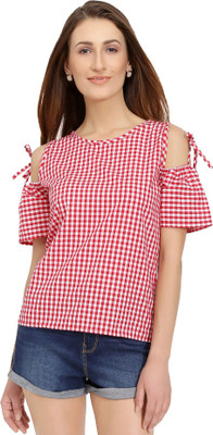 Chimpaaanzee Casual Short Sleeve Checkered Women Red Top