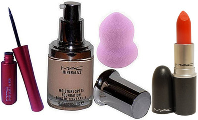 

Professional Eyelashes,Mac Liquid Last Eyeliner,Mineralize Fond De Teint Foundation&Orange Shade Lipstick(Set of 4)