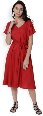Tokyo Talkies Women Fit and Flare Red Midi/Calf Length Dress