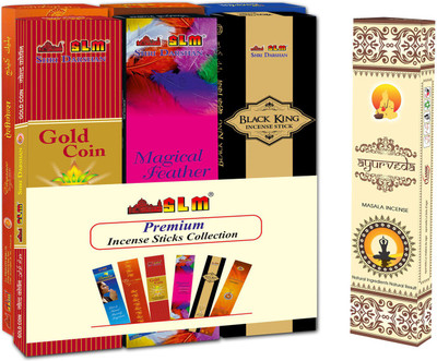 SLM Premium Incense Sticks Collection Gold Coin, Magical Feather, Black King, Devotion,, Wood & Paradise+ Ayurveda Masala Incense, FLORA Agarbattis( ) available at flipkart for Rs.150