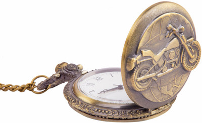 

Kartique Full Hunter Embossed with motorcyle Roman Number Dial Gold Pleated Stainless Steel Pocket Watch Chain