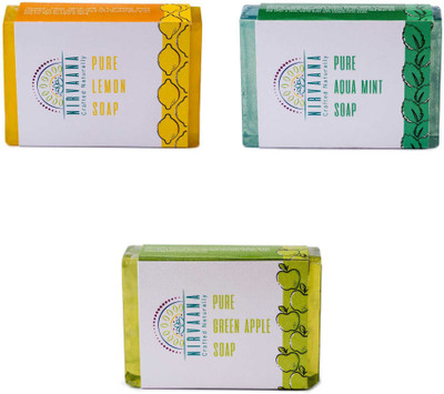

Nirvaana Handmade Natural Assorted Soap Set (Lemon, Aqua Mint & Green Apple) Pack of 3(300 g, Pack of 3)