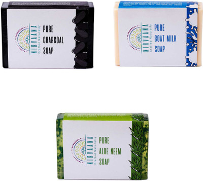 

Nirvaana Handmade Natural Assorted Soap Set (Goat Milk, Aloe Neem & Charcoal) Pack of 3(300 g, Pack of 3)