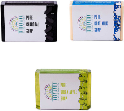 

Nirvaana Handmade Natural Assorted Soap Set (Charcoal, Goat Milk & Green Apple) Pack of 3(300 g, Pack of 3)