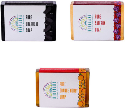 

Nirvaana Handmade Natural Assorted Soap Set (Orange Honey, Saffron & Charcoal) Pack of 3(300 g, Pack of 3)