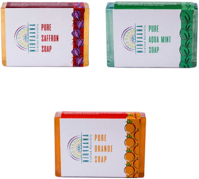 

Nirvaana Handmade Natural Assorted Soap Set (Orange, Aqua Mint & Saffron) Pack of 3(300 g, Pack of 3)