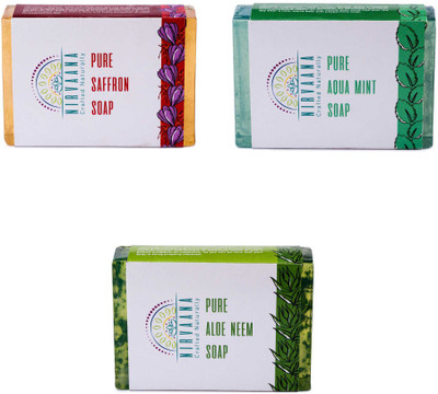 

Nirvaana Handmade Natural Assorted Soap Set (Aloe Neem, Saffron & AquaMint) Pack of 3(300 g, Pack of 3)