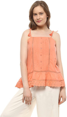 People Casual Sleeveless Solid Women Orange Top