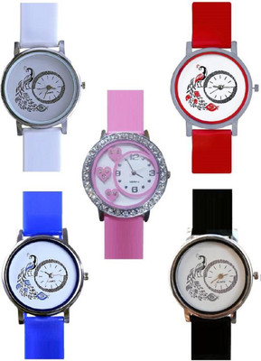 

Talgo New Arrival Festive Season Special TG301WHRDBUBK312PK 301- MultiColour Dial Mor Round Dial Rubber Strap And 312-Pink Colour Heart Shap Round Dial Rubber Strap (Combo of 5 Watch) TG301WHRDBUBK312PK Watch - For Girls