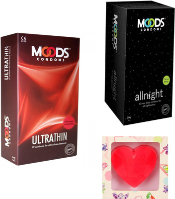 Moods All Night & Ultra Thin Condoms With Premium Heart Shape Soap Condom(Set of 2, 24S) available at flipkart for Rs.198
