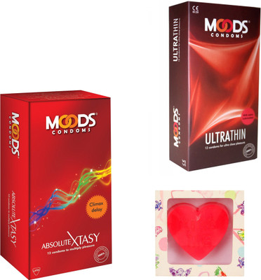 Moods Ultra Thin & Absolute Xtasy Condoms With Premium Heart Shape Soap Condom(Set of 2, 24S) available at flipkart for Rs.198
