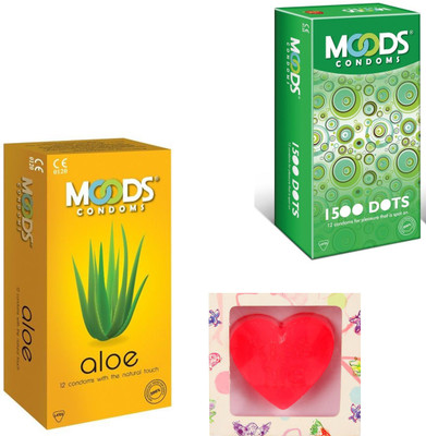 Moods Aloe & 1500 Dots Condoms With Premium Heart Shape Soap Condom(Set of 2, 24S)