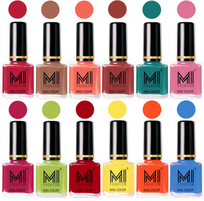 

MI Fashion Non-Toxic Premium Lacquer 7 Days Long Lasting Nail Polish Shades of 12 Pcs in Wholesale Rate- Magenta ,Dark Nude ,Peach ,Tan ,Sea Green ,Pink ,Pink ,Lime Green ,Red ,Yellow ,Coral ,Sea Blue(Pack of 12)