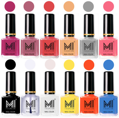 

MI Fashion Non-Toxic Premium Lacquer 7 Days Long Lasting Nail Polish Shades of 12 Pcs in Wholesale Rate- Plum ,Nude Spring ,Coral ,Nude ,Grey ,Pink ,Black ,Top Coat ,White ,Yellow ,Coral ,Sea Blue(Pack of 12)