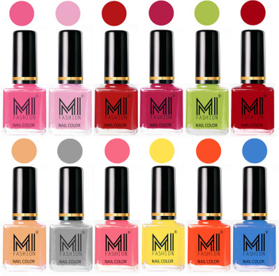 

MI Fashion Non-Toxic Premium Lacquer 7 Days Long Lasting Nail Polish Shades of 12 Pcs in Wholesale Rate- Neon Pink ,Pale Violet ,Red ,Pink ,Lime Green ,Red ,Nude ,Grey ,Pink ,Yellow ,Coral ,Sea Blue(Pack of 12)