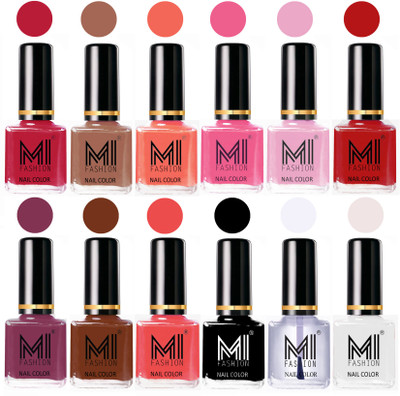

MI Fashion Non-Toxic Premium Lacquer 7 Days Long Lasting Nail Polish Shades of 12 Pcs in Wholesale Rate- Magenta ,Dark Nude ,Peach ,Neon Pink ,Pale Violet ,Red ,Mauve Brown ,Olive Brown ,Carrot Red ,Black ,Top Coat ,White(Pack of 12)