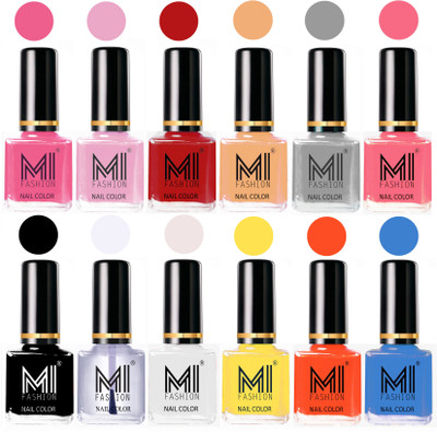 

MI Fashion Non-Toxic Premium Lacquer 7 Days Long Lasting Nail Polish Shades of 12 Pcs in Wholesale Rate- Neon Pink ,Pale Violet ,Red ,Nude ,Grey ,Pink ,Black ,Top Coat ,White ,Yellow ,Coral ,Sea Blue(Pack of 12)