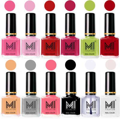 

MI Fashion Non-Toxic Premium Lacquer 7 Days Long Lasting Nail Polish Shades of 12 Pcs in Wholesale Rate- Neon Pink ,Pale Violet ,Red ,Pink ,Lime Green ,Red ,Nude ,Grey ,Pink ,Black ,Top Coat ,White(Pack of 12)