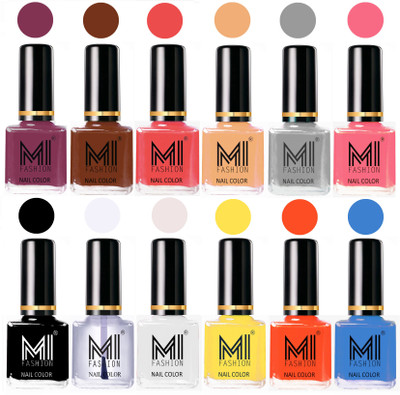 

MI Fashion Non-Toxic Premium Lacquer 7 Days Long Lasting Nail Polish Shades of 12 Pcs in Wholesale Rate- Mauve Brown ,Olive Brown ,Carrot Red ,Nude ,Grey ,Pink ,Black ,Top Coat ,White ,Yellow ,Coral ,Sea Blue(Pack of 12)